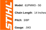 Stihl 61PMM3 50 Genuine OEM OILOMATIC Chain Saw Chain 14" MS170 MS171 MS180 MS181
